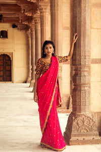 Pink Hand-Embroidered Chanderi Silk Saree with Burgundy Blouse