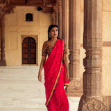Pink Hand-Embroidered Chanderi Silk Saree with Burgundy Blouse