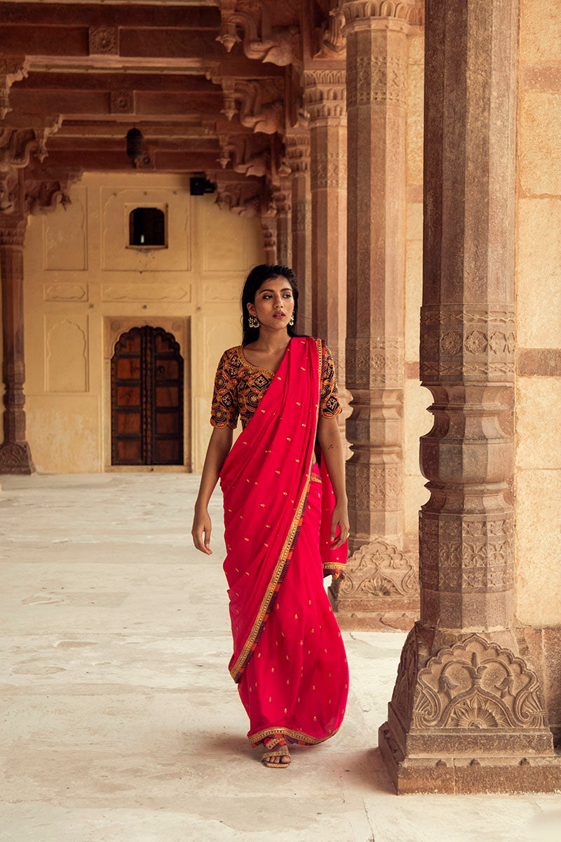 Pink Hand-Embroidered Chanderi Silk Saree with Burgundy Blouse