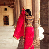 Pink Hand-Embroidered Chanderi Silk Saree with Burgundy Blouse