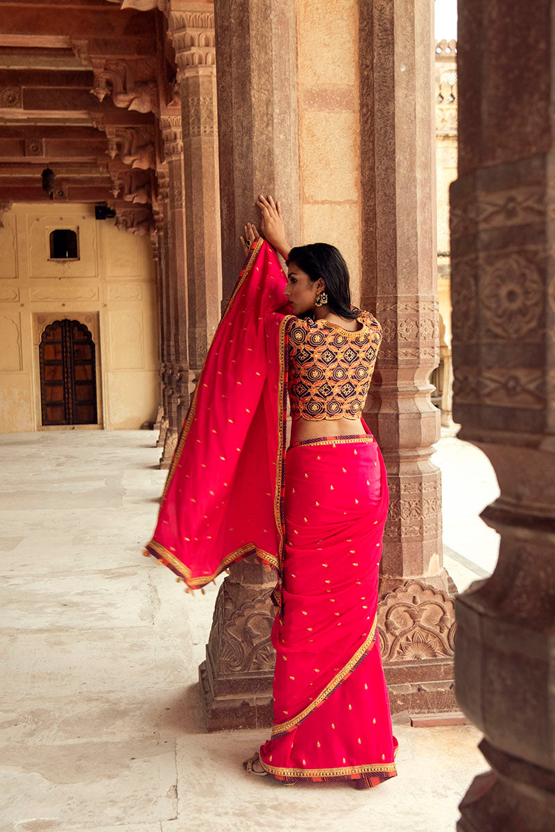 Pink Hand-Embroidered Chanderi Silk Saree with Burgundy Blouse