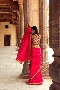 Pink Hand-Embroidered Chanderi Silk Saree with Burgundy Blouse