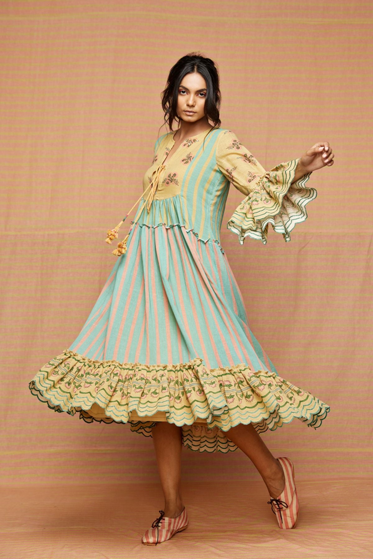 Block Printed Multi Floral Tiered Dress