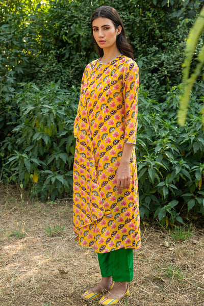 Printed Diagonal Yellow Chanderi straight Kurta