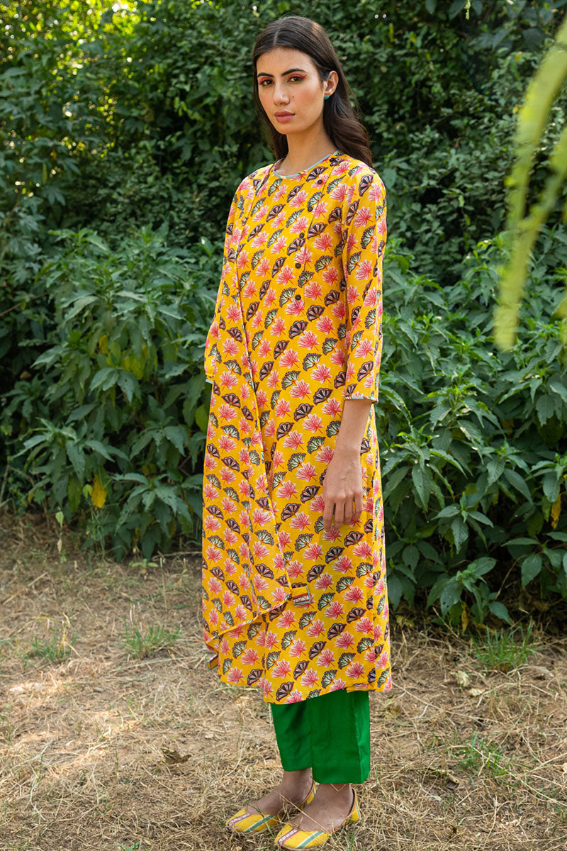 Printed Diagonal Yellow Chanderi straight Kurta