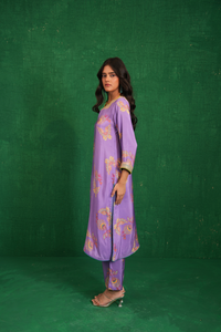 Purple printed embroidered buta jaal kurta set