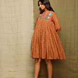Brown Multicolor Floral Appliqué Silk Chanderi Dress