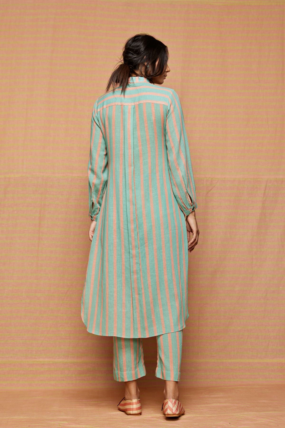 Turquoise High Low Hem Striped Tunic With striped Pants