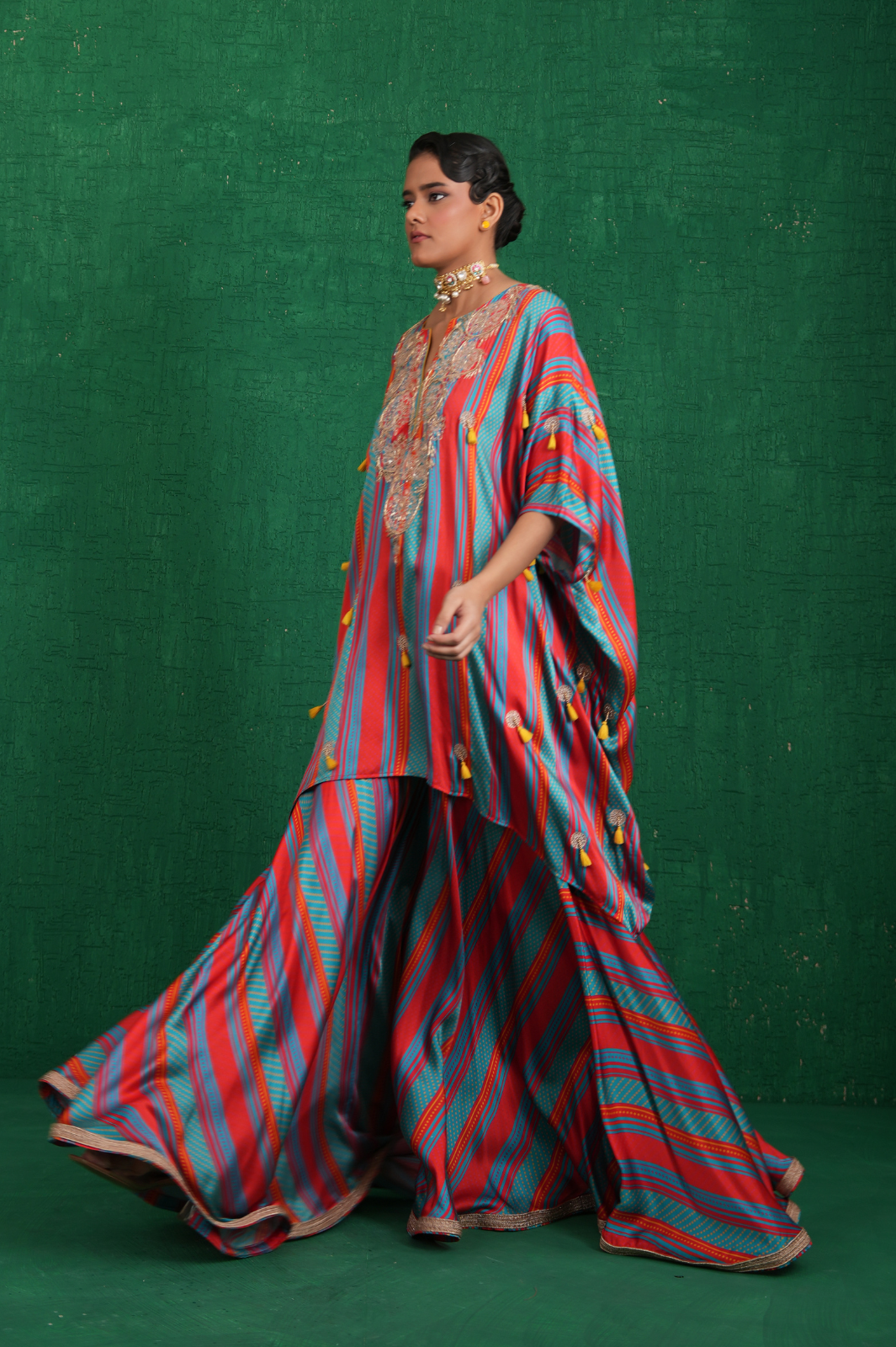 Turquoise red stripe poncho set