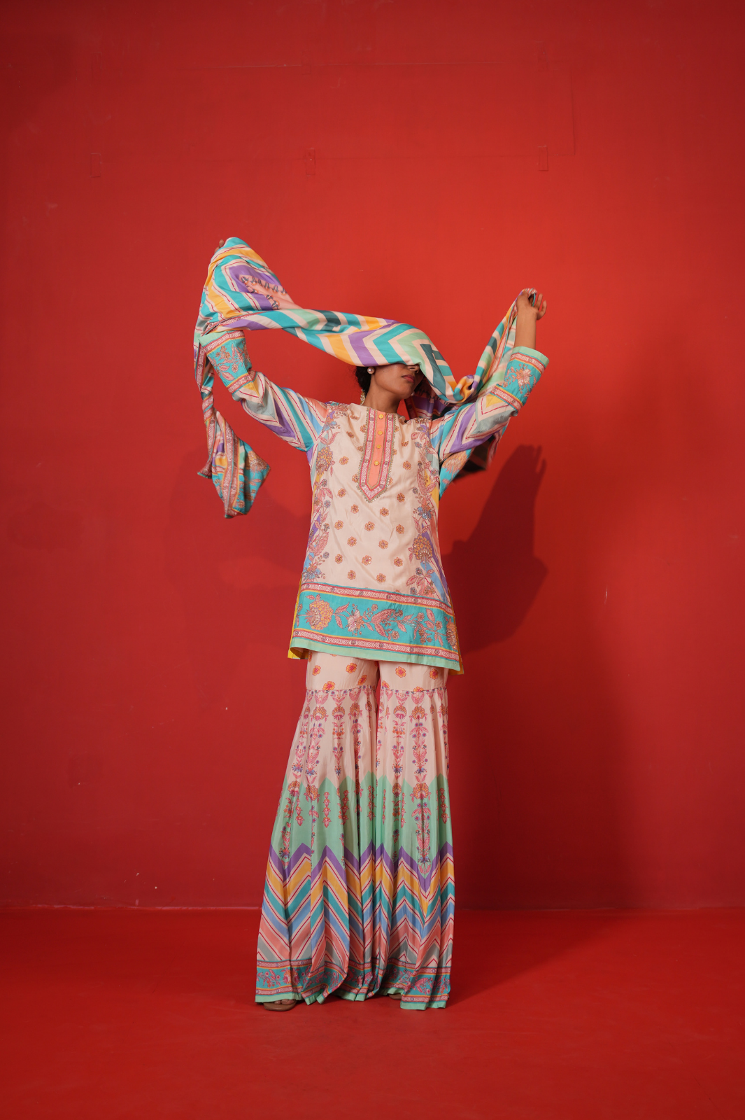 Ivory multi chevron butterfly sharara set