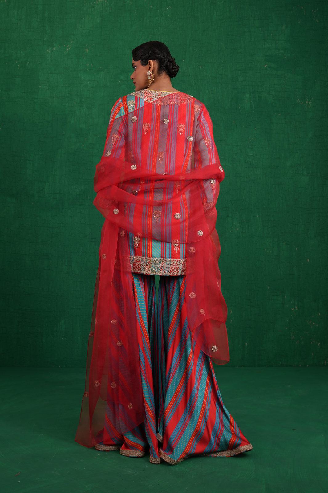Turquoise red stripe sharara set