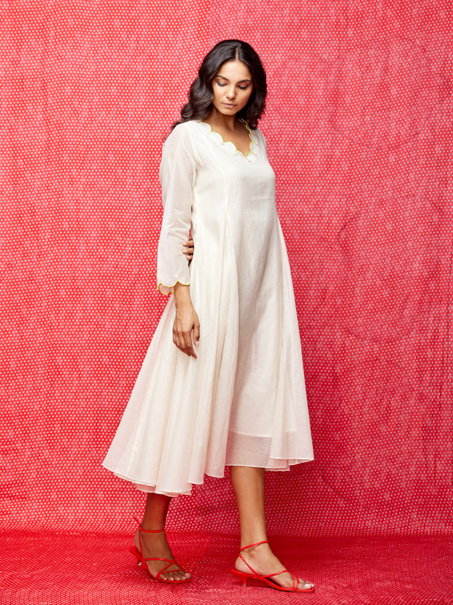 Ivory Embroidered Chanderi Scallop Dress