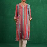 Turquoise red stripe kurta set