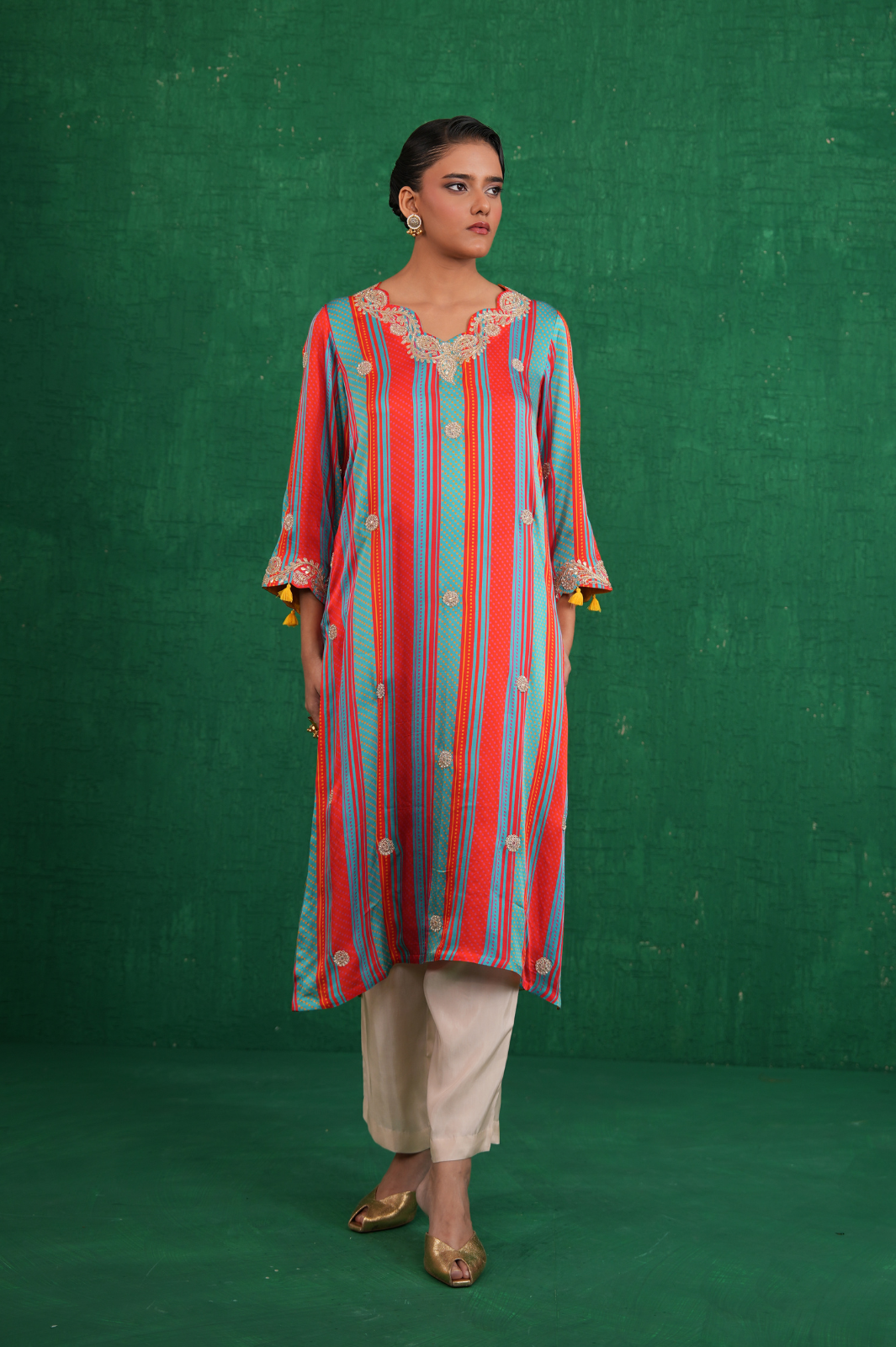 Turquoise red stripe kurta set