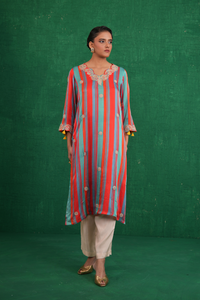 Turquoise red stripe kurta set