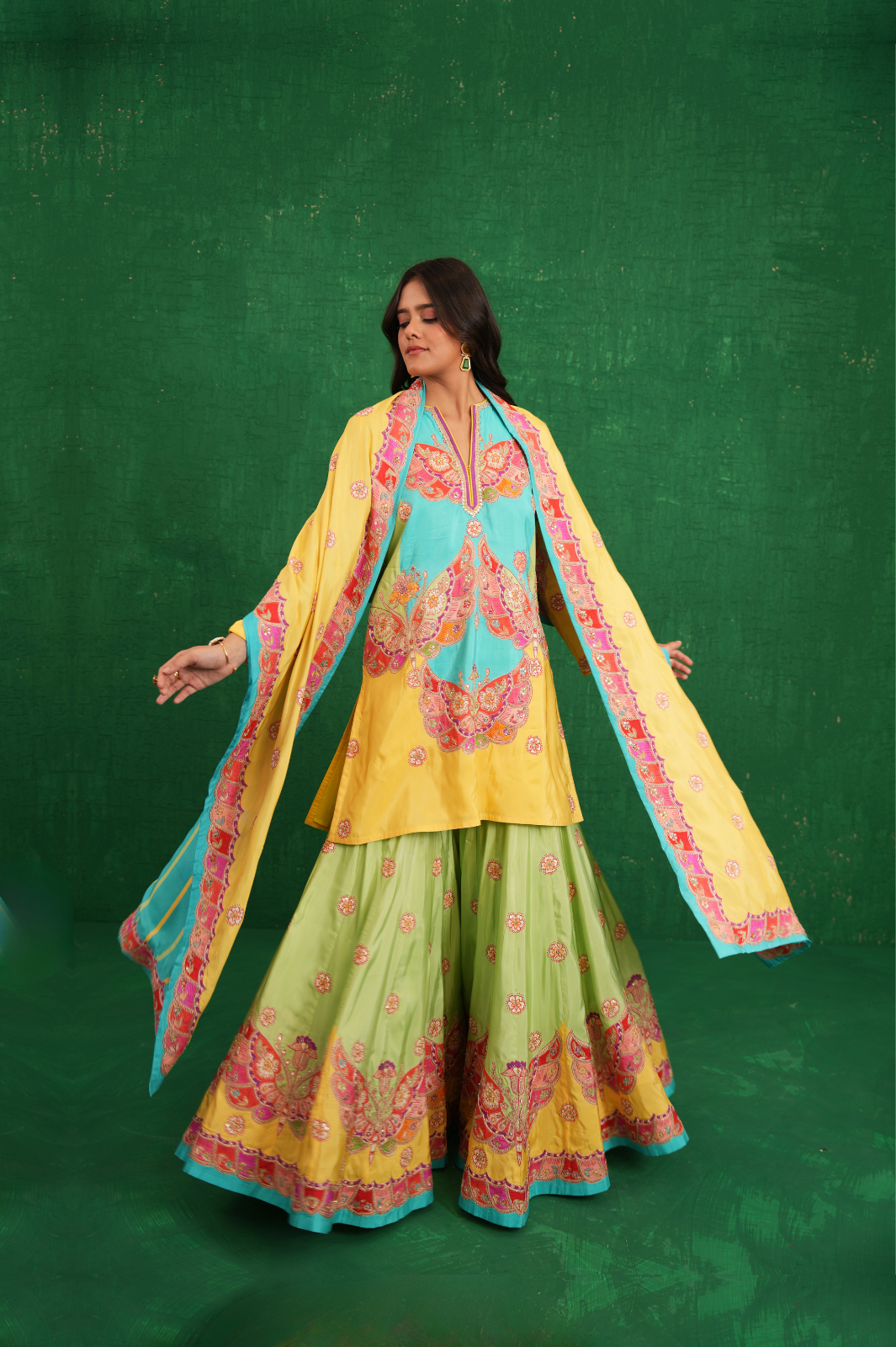Yellow/turquoise butterfly sharara set