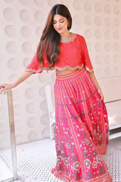 Tarana Printed Embroidered Red Lehenga Set