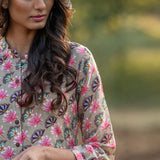 Printed Diagonal Beige Chanderi flared Kurta