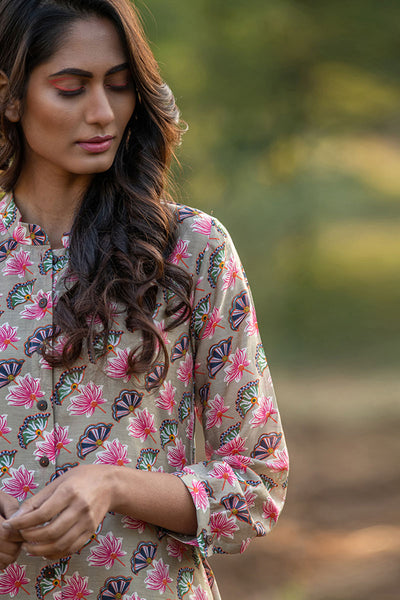 Printed Diagonal Beige Chanderi flared Kurta