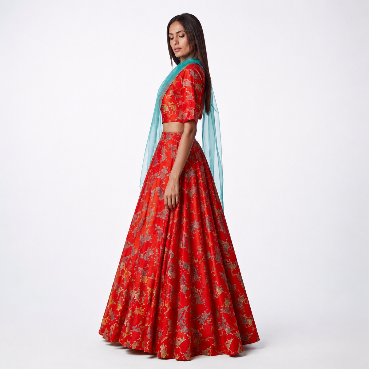 Bundi Printed Embrodiered Deer Zaal Lehenga Set