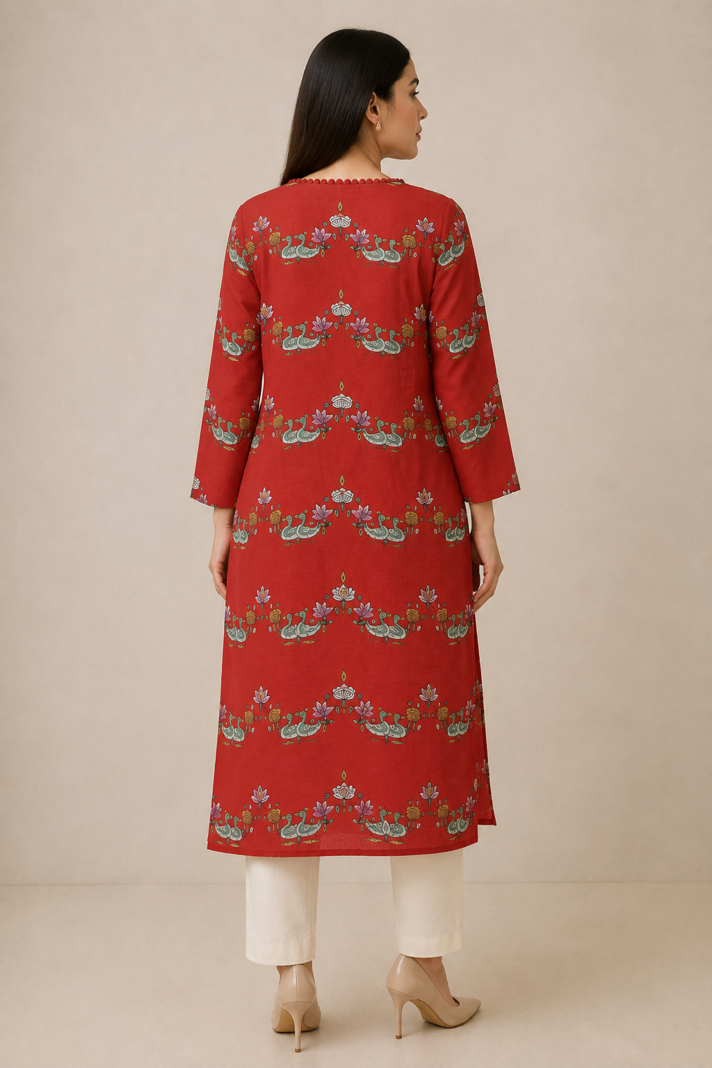 Bundi Red Scallop Printed Kurta