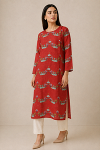 Bundi Red Scallop Printed Kurta