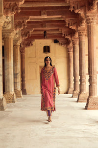 Pink & Purple Hand-Embroidered Chanderi Silk Kurta Set