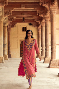 Pink & Purple Hand-Embroidered Chanderi Silk Kurta Set