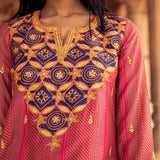 Pink & Purple Hand-Embroidered Chanderi Silk Kurta Set