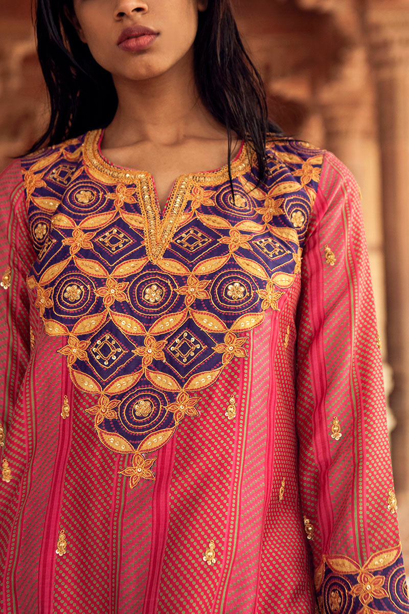 Pink & Purple Hand-Embroidered Chanderi Silk Kurta Set
