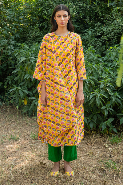 Printed Diagonal Yellow Chanderi straight Kurta