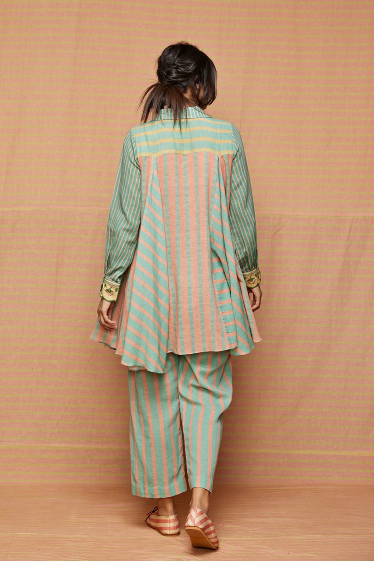 Block Printed Turquoise with Rose Pink Striped Pants