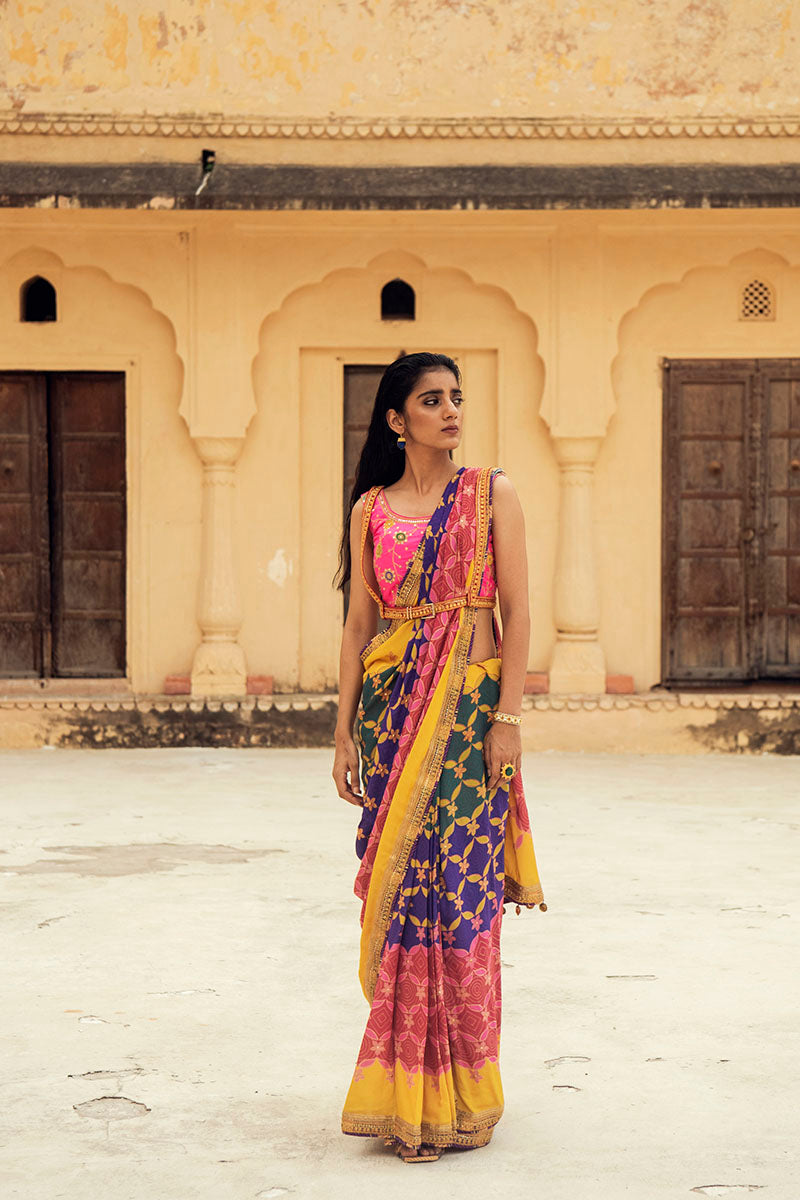 Navalgarh Printed Modal Silk Saree With Danka Embroidery