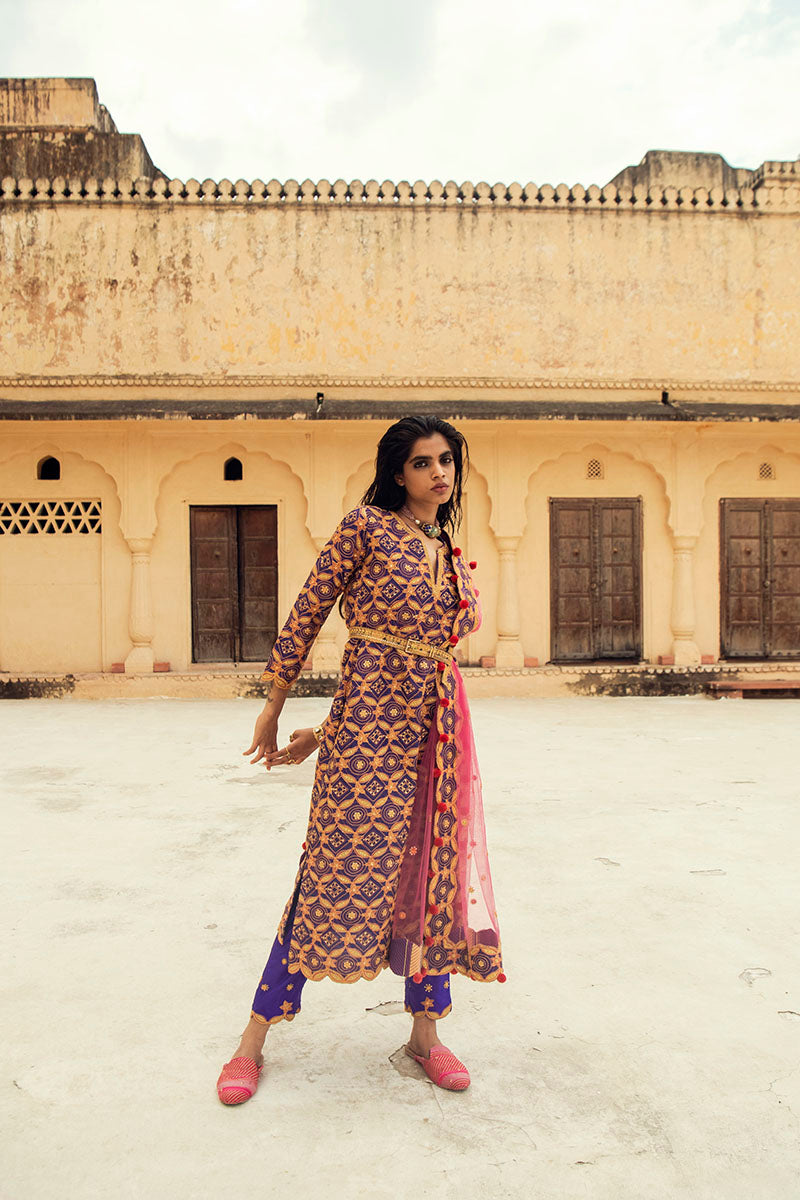 Purple Pink Hand-Embroidered Silk Kurta Set