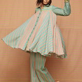 Block Printed Turquoise with Rose Pink Striped Pants
