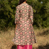 Printed Buta Flared Chanderi Beige Kurta