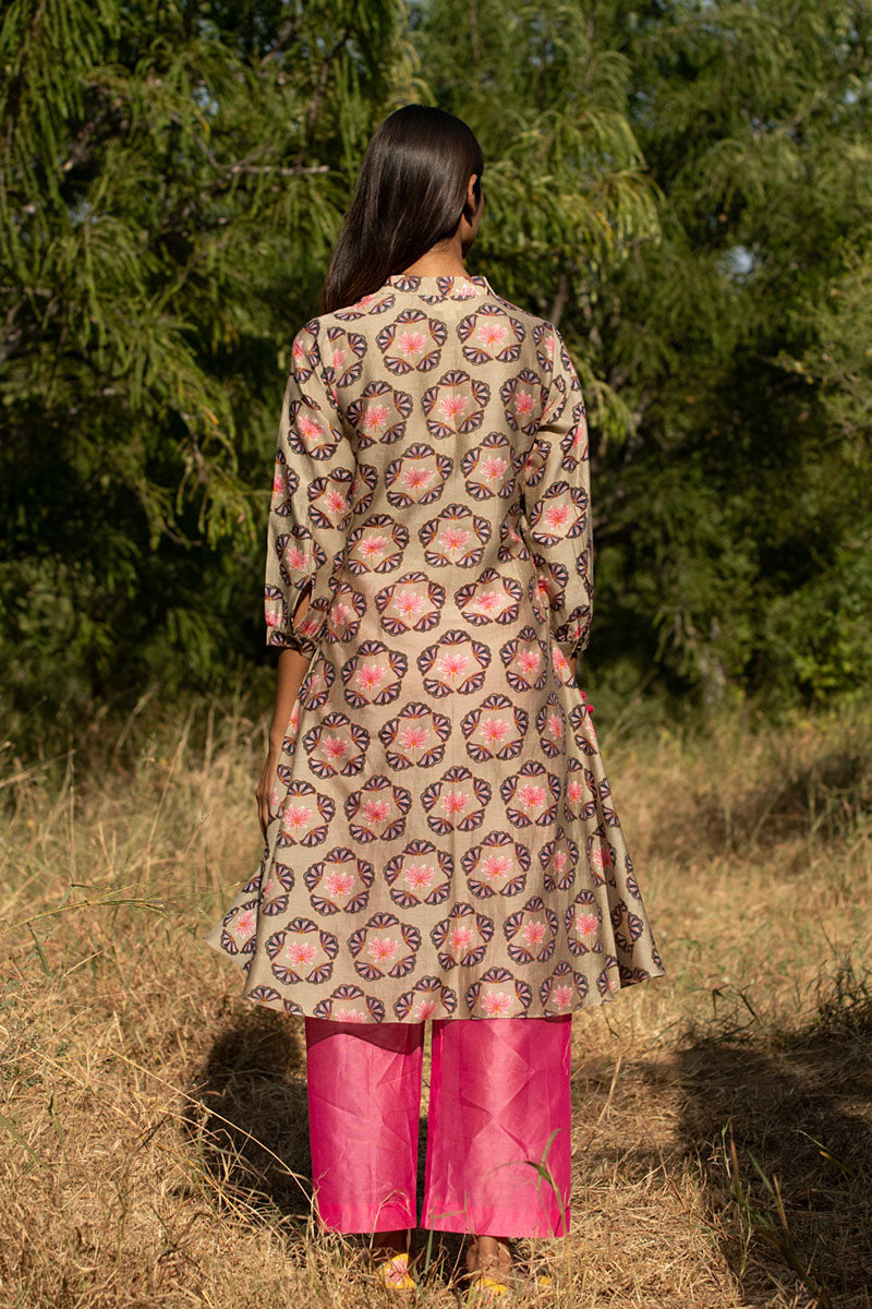 Printed Buta Flared Chanderi Beige Kurta
