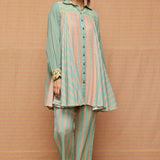 Block Printed Panelled Striped Tunic with Striped Pants
