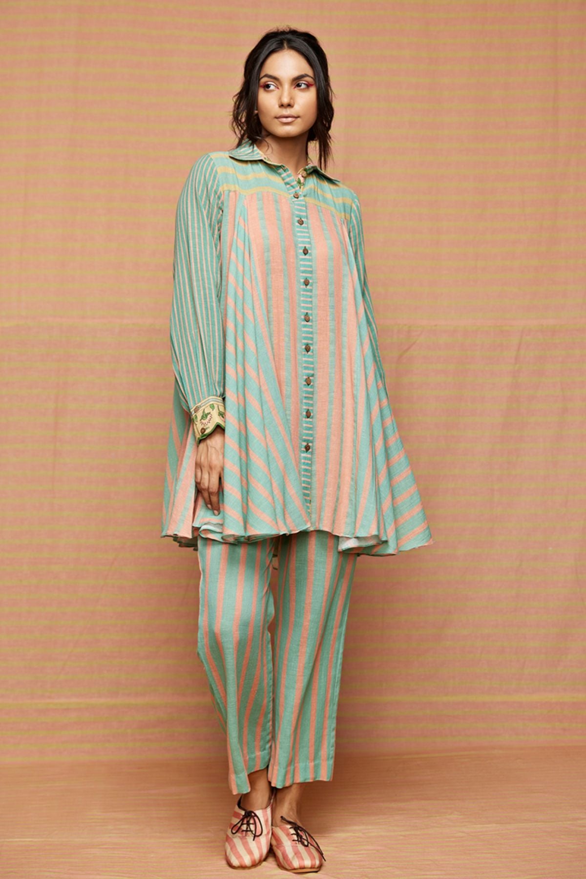Block Printed Turquoise with Rose Pink Striped Pants