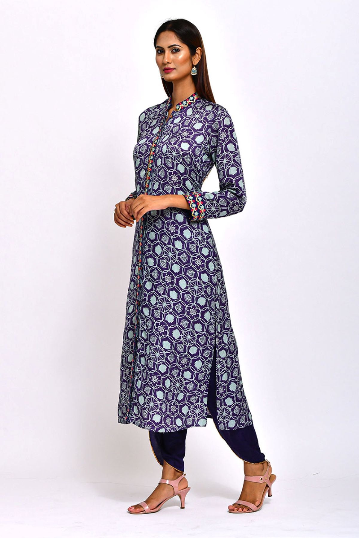 Kamal Navy Printed Embroidered Jaal Kurta with Pants