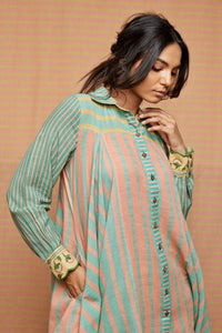 Block Printed Panelled Striped Tunic with Striped Pants