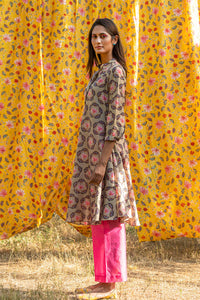 Printed Buta Flared Chanderi Beige Kurta