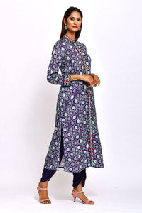 Kamal Navy Printed Embroidered Jaal Kurta with Pants