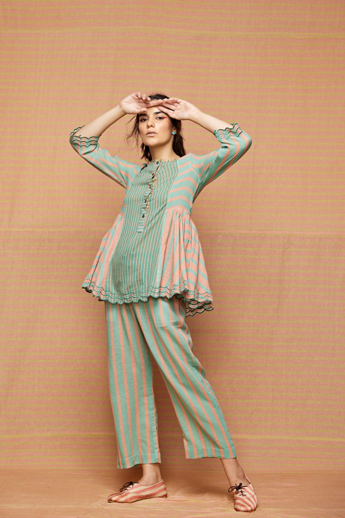 Block Printed Multi Striped Top with Pants
