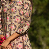 Printed Buta Flared Chanderi Beige Kurta