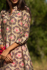 Printed Buta Flared Chanderi Beige Kurta