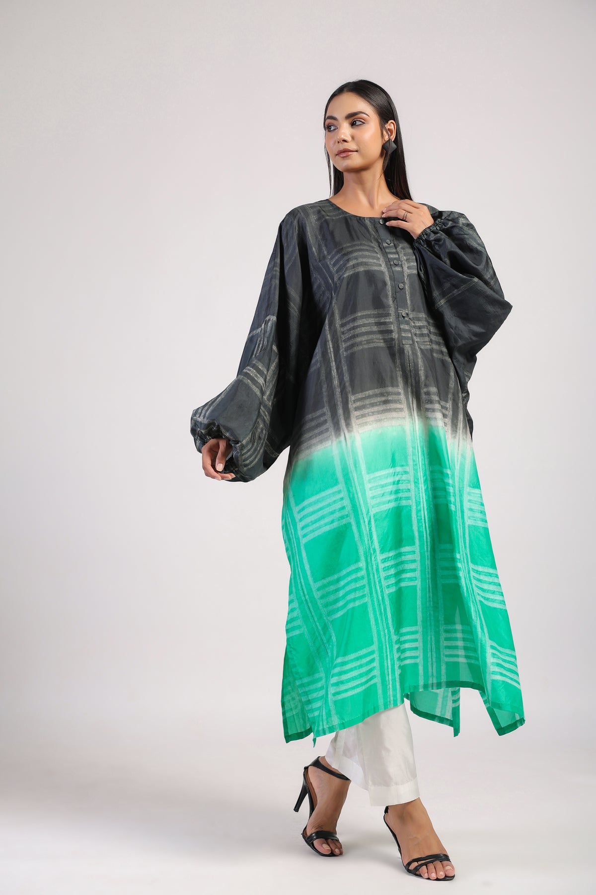 Black Green Geometric Ombre Shibori Kaftan & Dress
