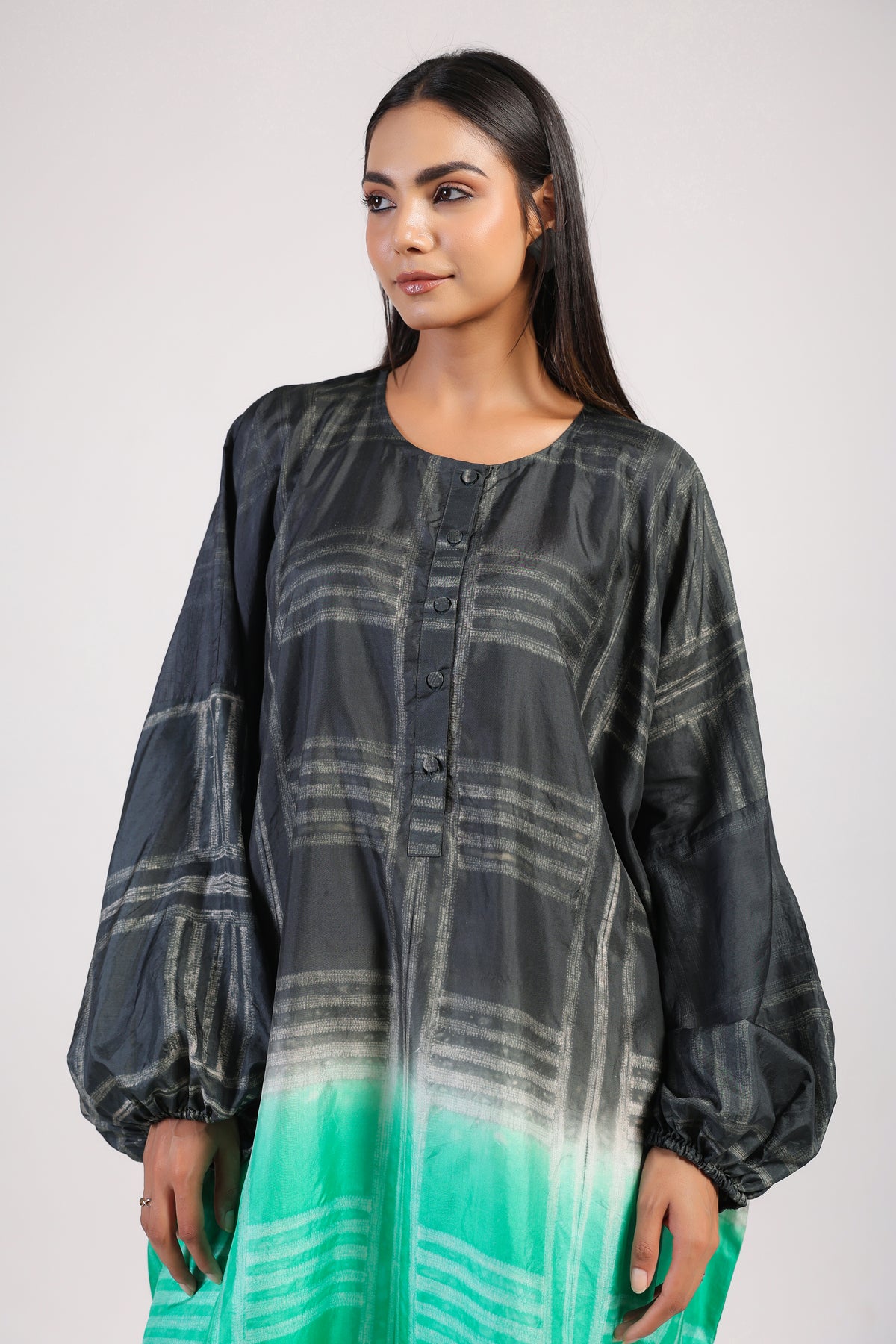 Black Green Geometric Ombre Shibori Kaftan & Dress