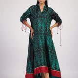 Green & Black Peacock Shibori A line Dress