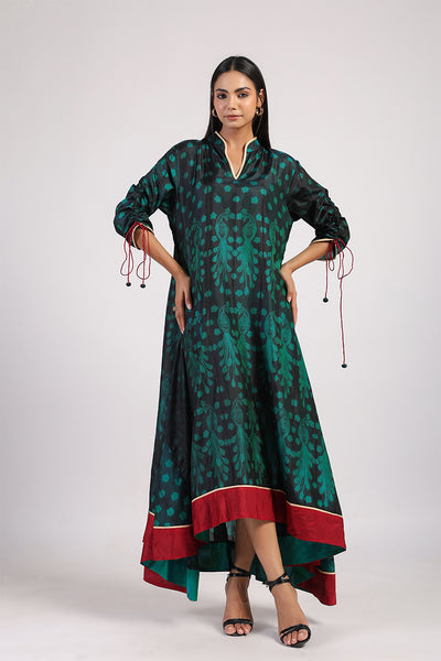 Green & Black Peacock Shibori A line Dress